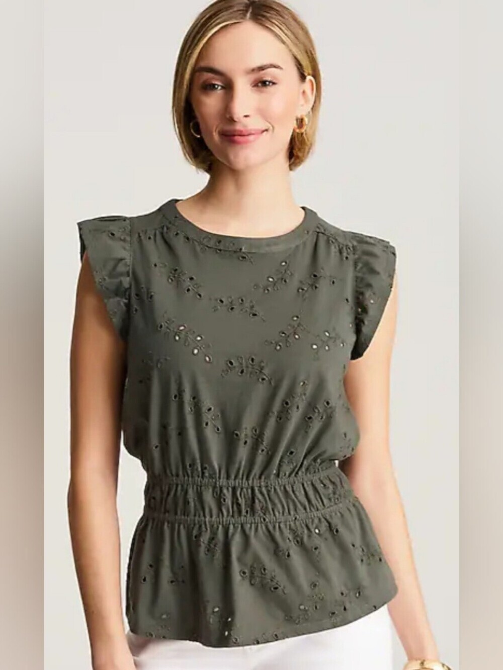 J. Jill Olive Eyelet Cap Sleeve Blouse In Dusty Olive 100% Cotton